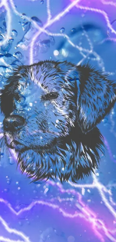 Electric blue dog with lightning effects on wallpaper.