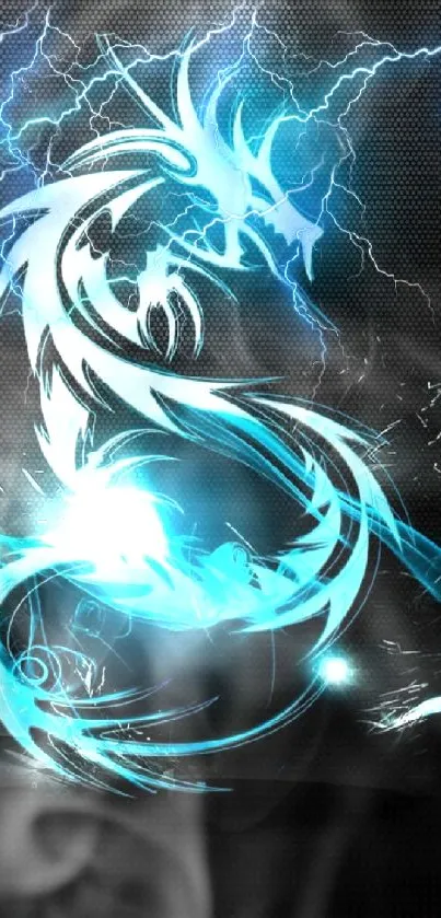 Electric blue dragon with lightning effects and dark background.