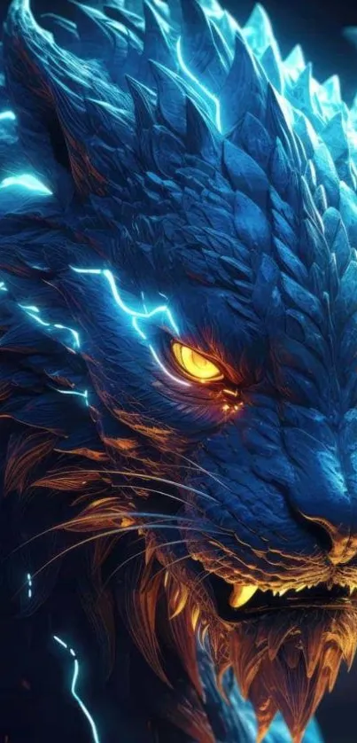 Electric blue fiery tiger art wallpaper with glowing eyes.