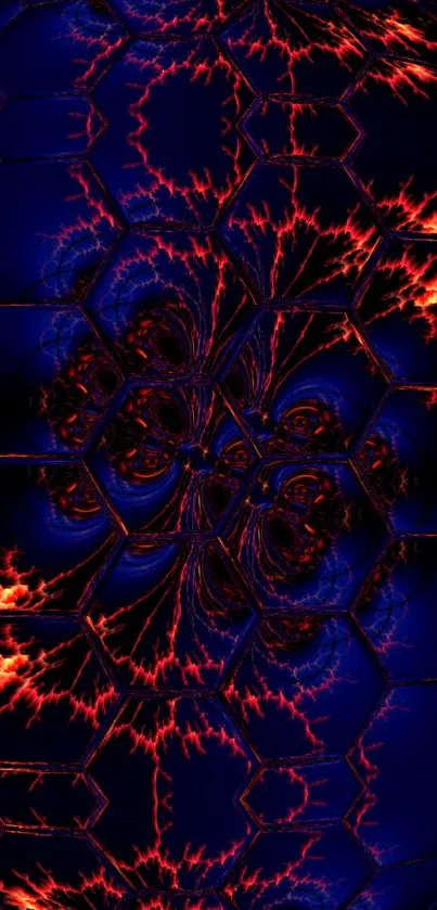 Electric blue fractal with fiery accents and hexagonal pattern background.