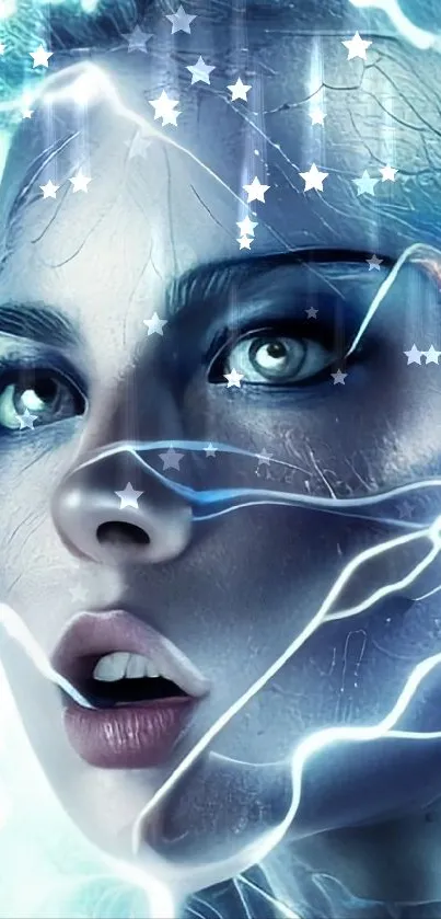 Futuristic female face with electric blue tones and abstract design.