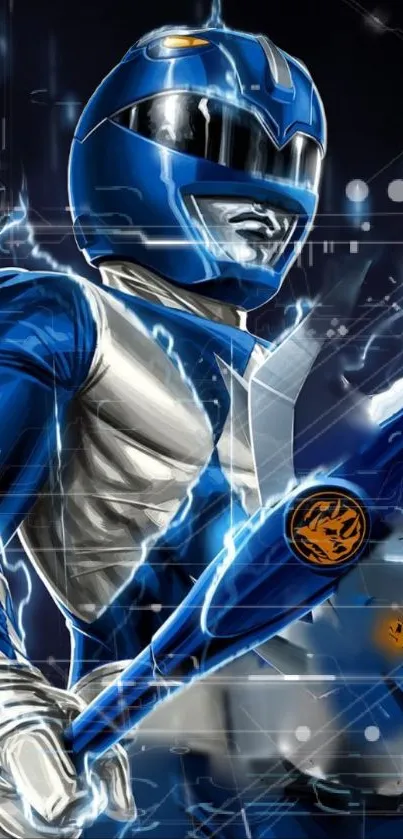 Electric blue superhero in dynamic pose with glowing energy effects.