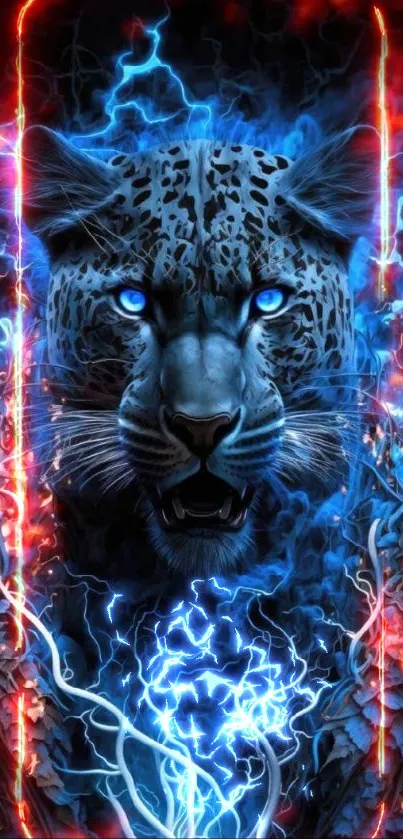 Electric blue leopard with energy aura on a mobile wallpaper.