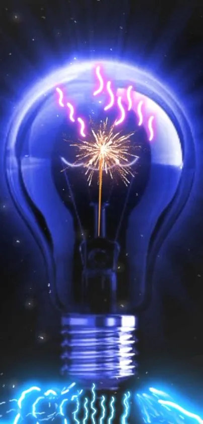 Electric blue lightbulb with vibrant sparks and glowing patterns.