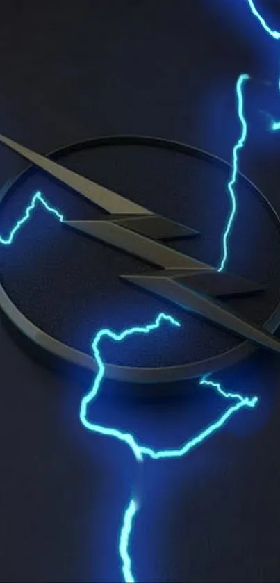 Electric blue lightning strikes a metallic emblem on dark background.