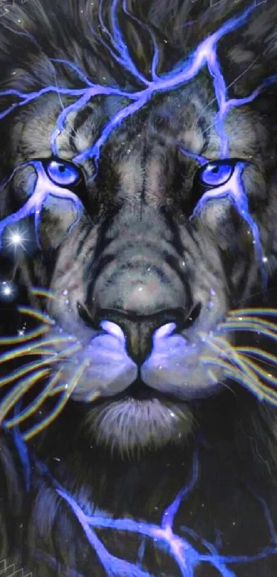 Electric blue lion face with lightning effects in digital wallpaper.