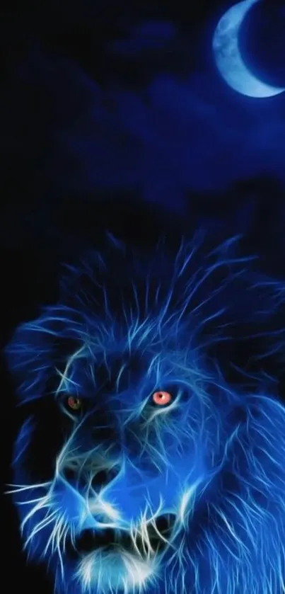 Electric blue lion with glowing mane under a crescent moon in a dark night sky.