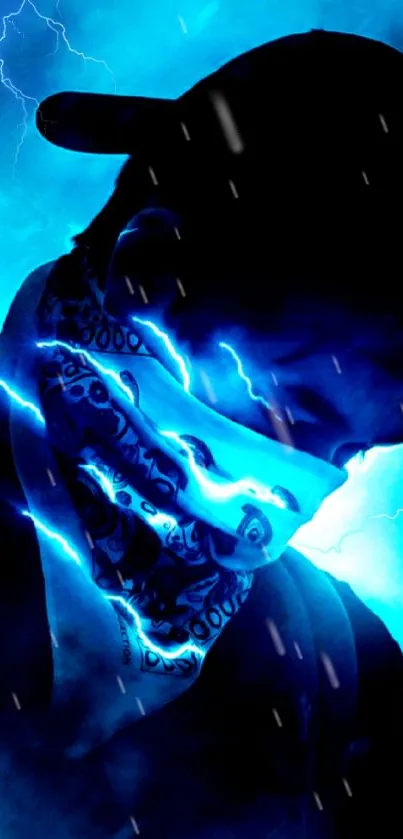 Mysterious figure in electric blue aura with lightning effects.