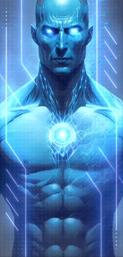 Blue mystical warrior with electric aura on cloudy background.