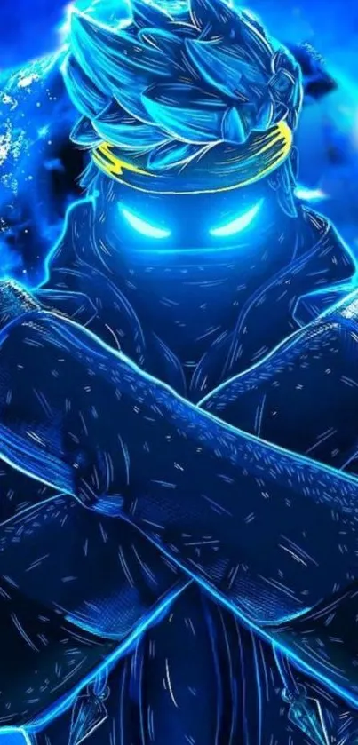 Electric blue neon ninja in futuristic style on a mobile wallpaper.