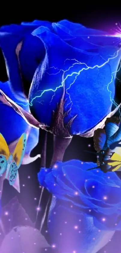 Electric blue roses with butterflies and lightning in a fantasy setting.