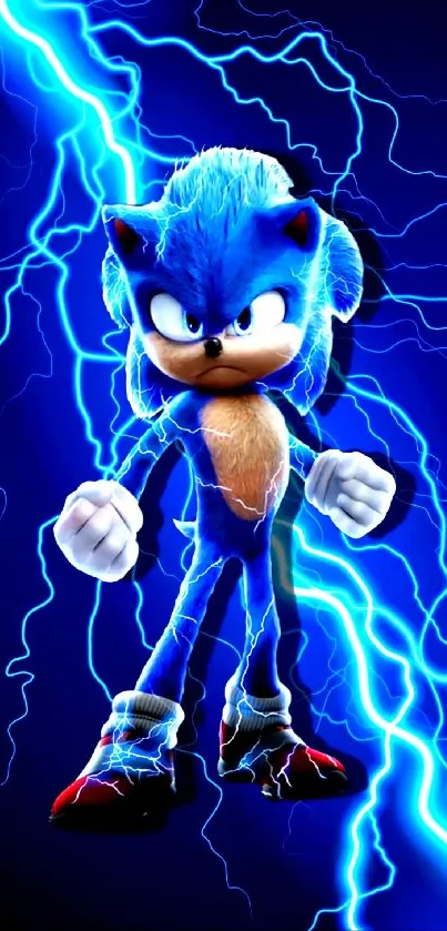 Sonic stands amidst electric blue lightning, showcasing dynamic energy.