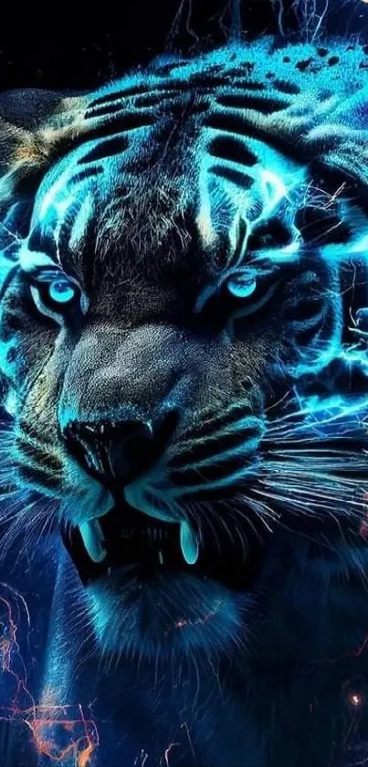 Electric blue tiger with neon accents on black background.