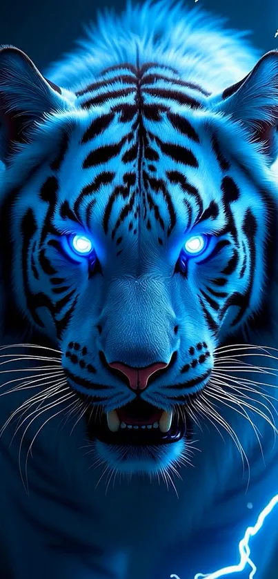 Electric blue tiger with glowing eyes and lightning.