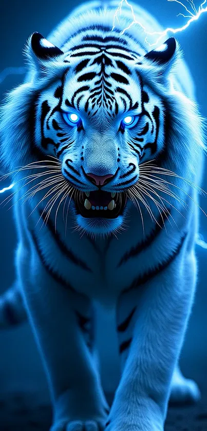 Fierce white tiger with blue glowing eyes and electric effects.