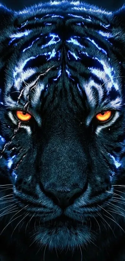 Electric blue tiger with glowing eyes and scar on the face.