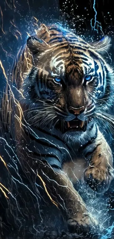 Fierce tiger with electric lightning effect in vibrant blue design.