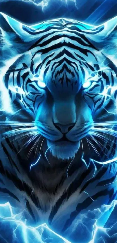 Electric blue tiger with glowing eyes and dynamic stripes on a mobile wallpaper.