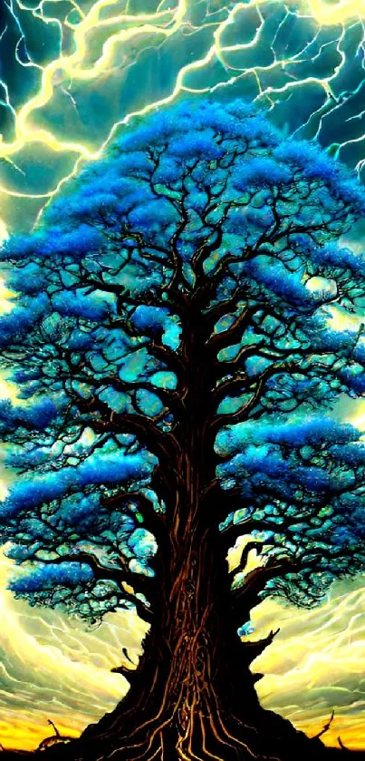 Majestic tree with electric blue leaves under a stormy sky.