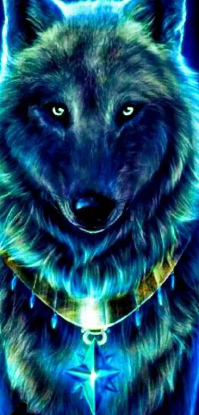 Electric blue wolf with glowing accents in vibrant artwork.