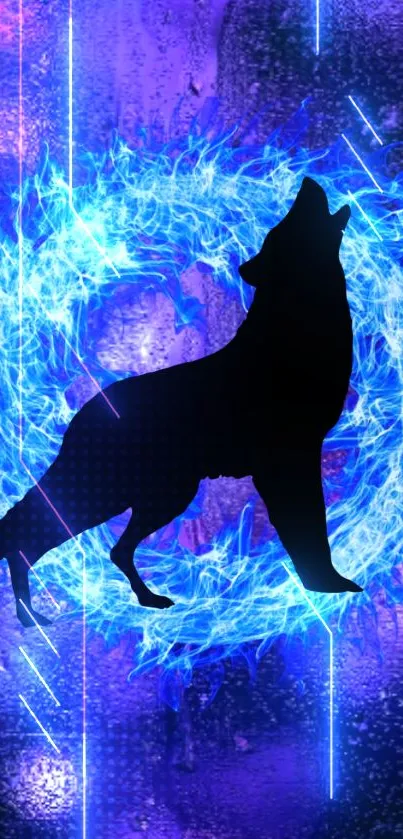 Wolf silhouette in electric blue vortex.