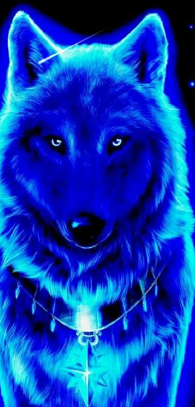 Vivid electric blue wolf with a starry necklace against a dark background.