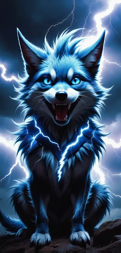 Electric blue wolf with lightning in a stormy sky.