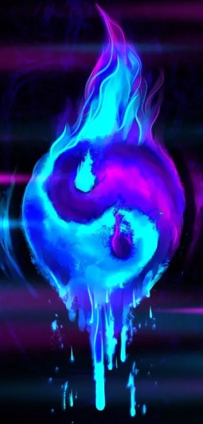 Electric blue and purple flaming Yin Yang wallpaper.