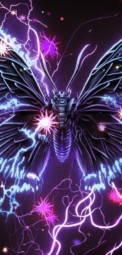 Electric butterfly with neon lightning and vibrant colors on dark background.