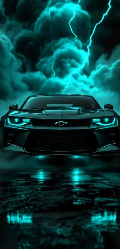 A sleek car in electric blue amidst storm clouds and lightning.