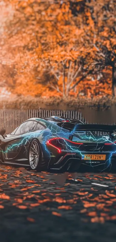 Electric car in autumn setting with neon lights and orange leaves.