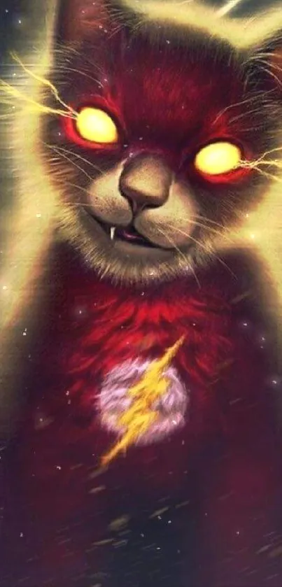 Electric cat with glowing eyes and lightning on a dark red background.