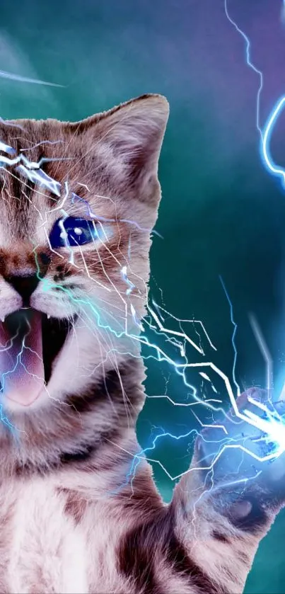 Playful cat with electric lightning background.