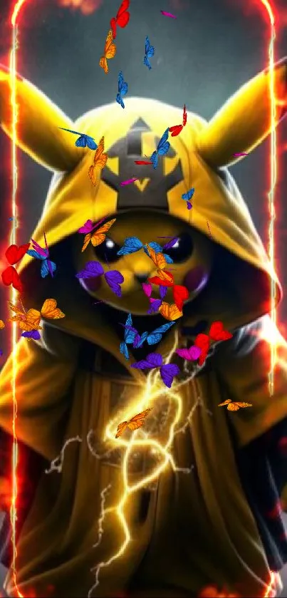 Electric character in a yellow hoodie with energy burst.