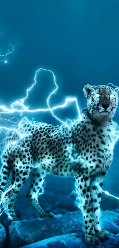 Cheetah with lightning in a blue atmosphere, creating an intense phone wallpaper.