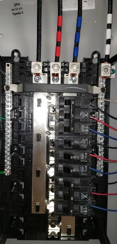 Electric circuit breaker panel with detailed wiring.