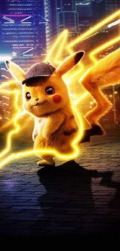 Pikachu in a lit city with neon effects and electric looks.