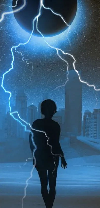 Silhouette with electric blue lightning over cityscape at night.