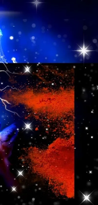 Lightning and jellyfish on cosmic colorful background wallpaper.