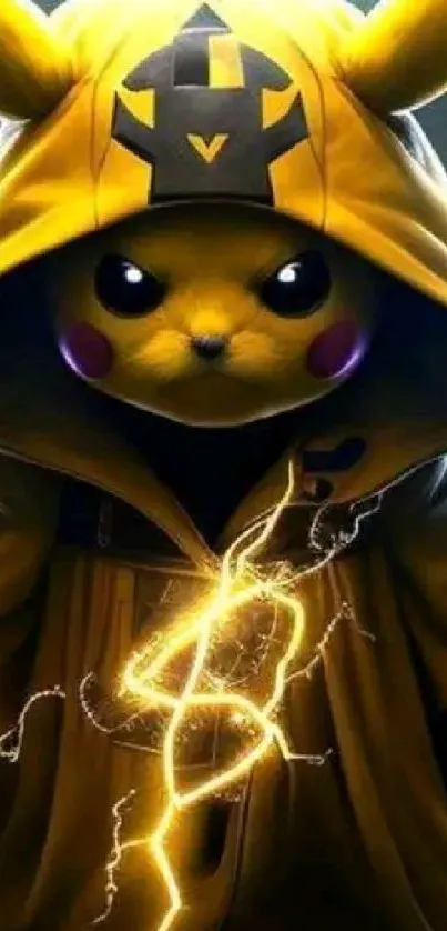 Electric creature in yellow hooded cloak with lightning bolt.