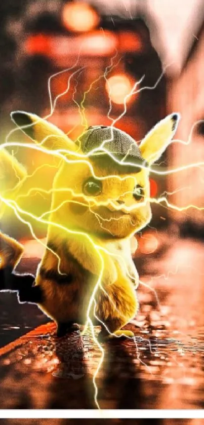 Cute electric creature with lightning in urban setting wallpaper.