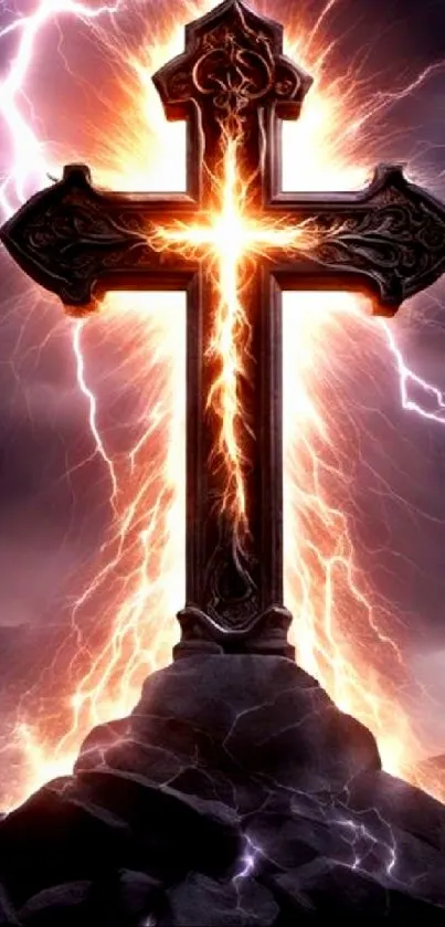 Electric cross with lightning and dramatic sky background.