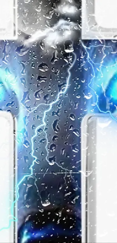 Futuristic blue lightning cross with rain effect on wallpaper.