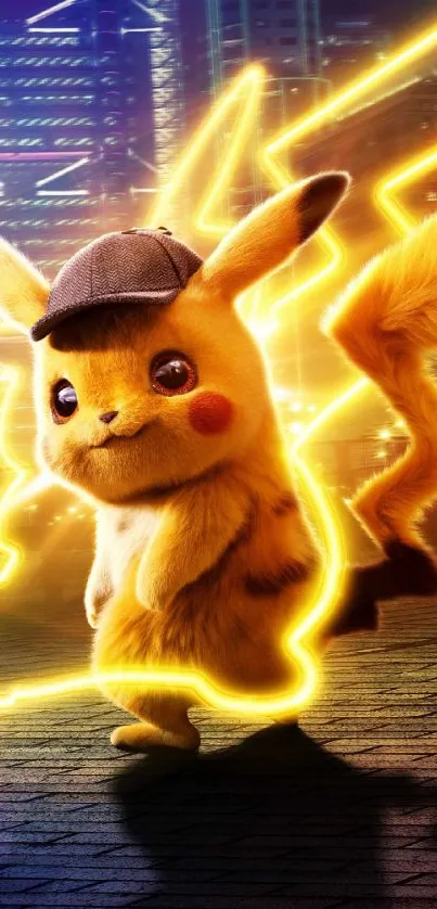 Detective Pikachu with vibrant city lights and yellow sparks.