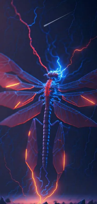 Electric neon dragonfly with red lightning on dark background.