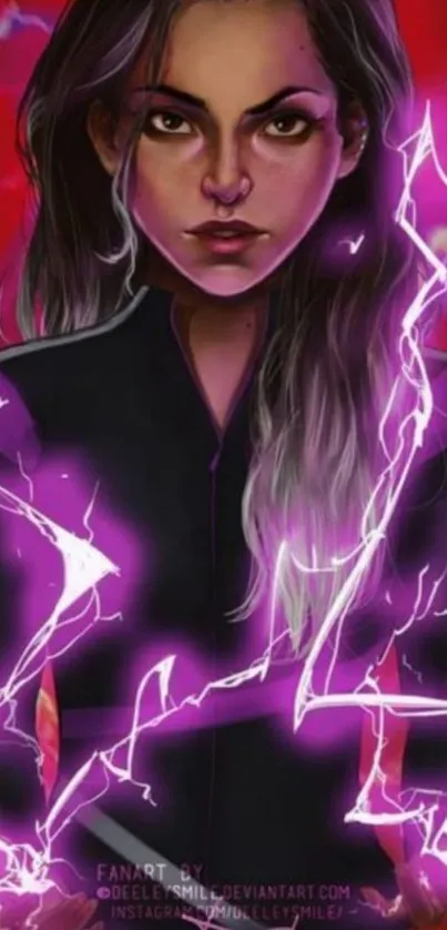 Vibrant mobile wallpaper with a fierce woman and electric purple energy.