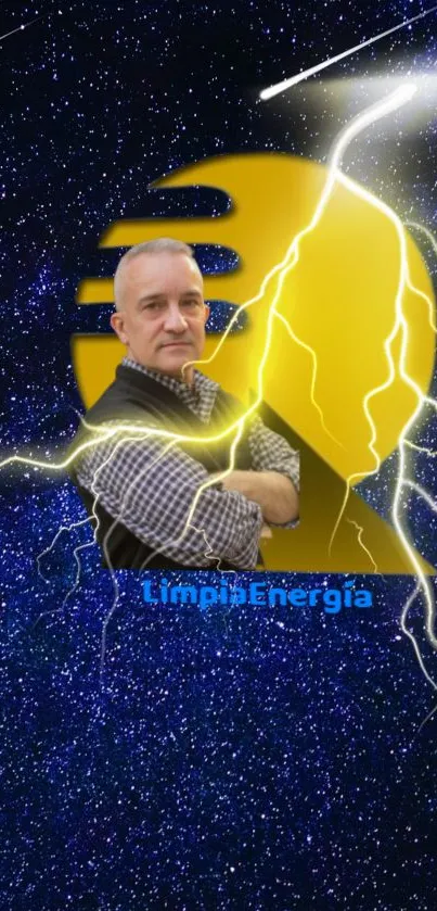 Man in front of lightning with starry background wallpaper.