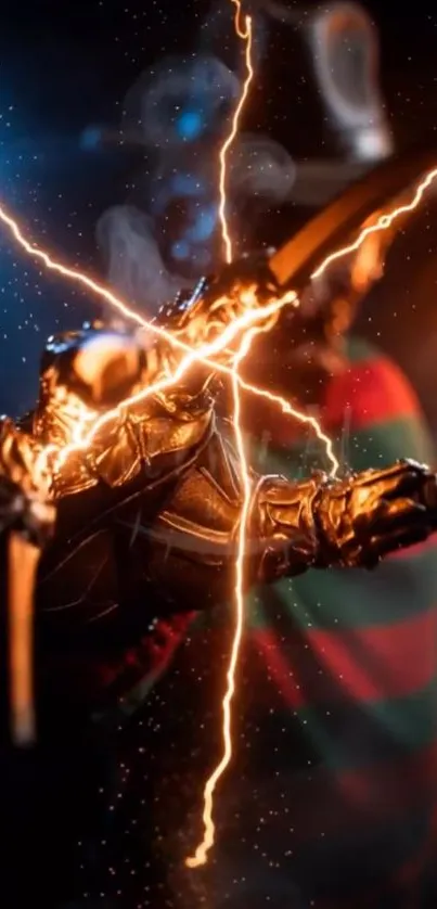Metallic glove with electric sparks on mobile wallpaper.