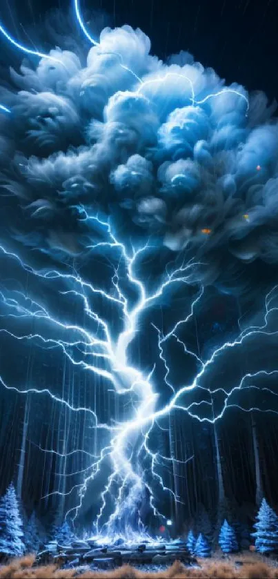 Dramatic lightning storm over a forest, with vibrant blue sky.