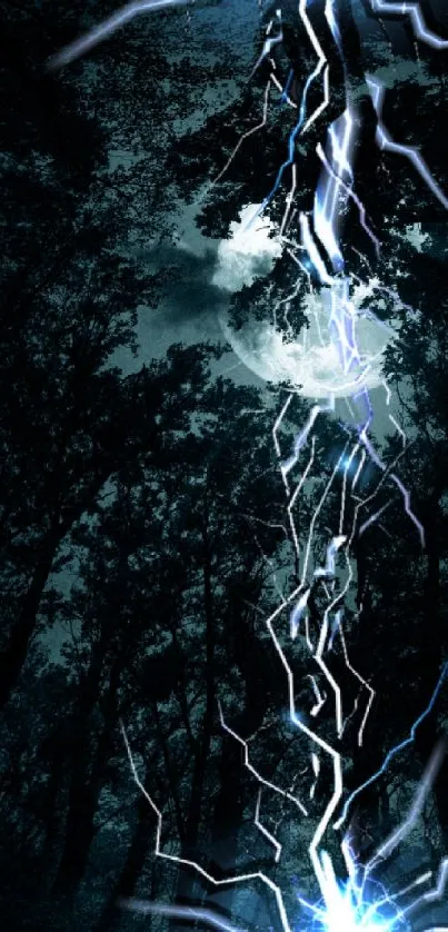 Blue lightning bolt in dark forest wallpaper.